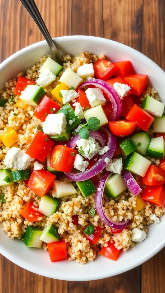 Quinoa Bowl with Pickled Onions Recipe A colorful quinoa bowl with vegetables, pickled onions, and feta cheese on a wooden table.